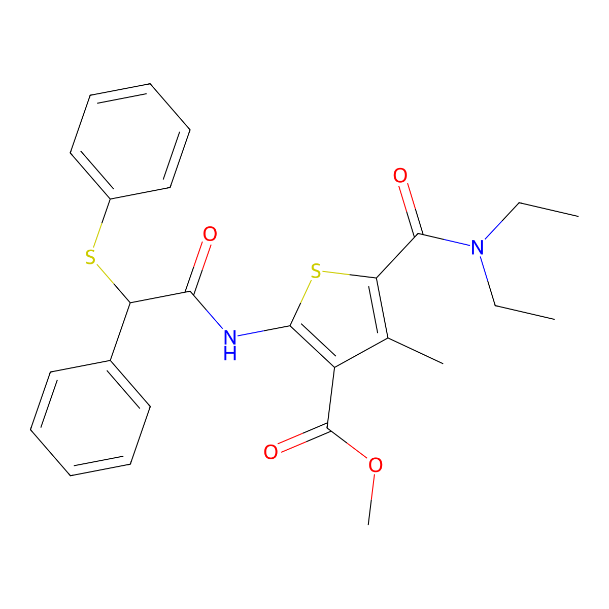 Methyl 5-[(diethylamino)carbonyl]-4-methyl-2-{[phenyl(phenylthio)acetyl]amino}-3-thiophenecarboxylate molecular structure, CAS 6125-76-4
