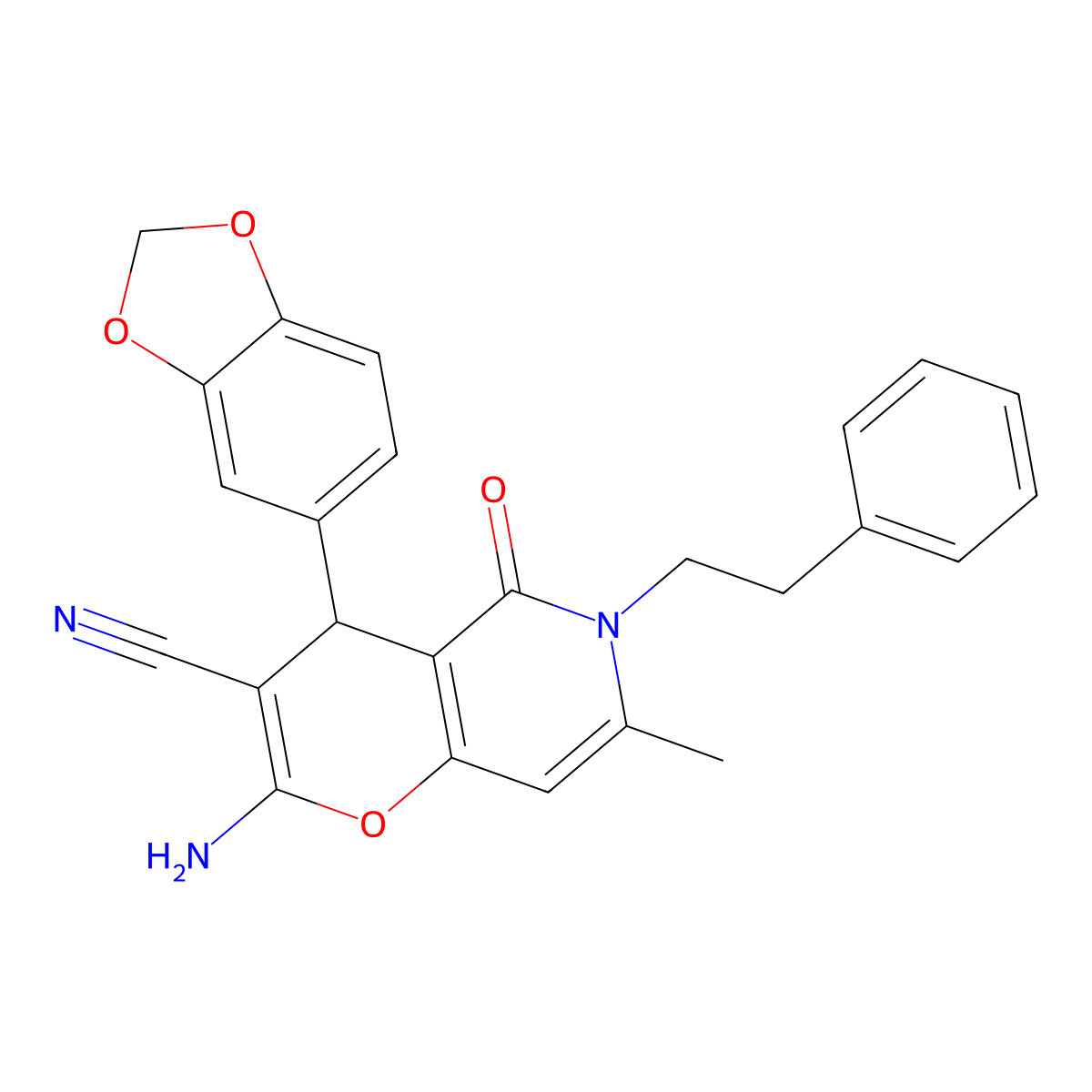 2-amino-4-(1,3-benzodioxol-5-yl)-7-methyl-5-oxo-6-(2-phenylethyl)-5,6-dihydro-4H-pyrano[3,2-c]pyridine-3-carbonitrile molecular structure, CAS 612513-70-9