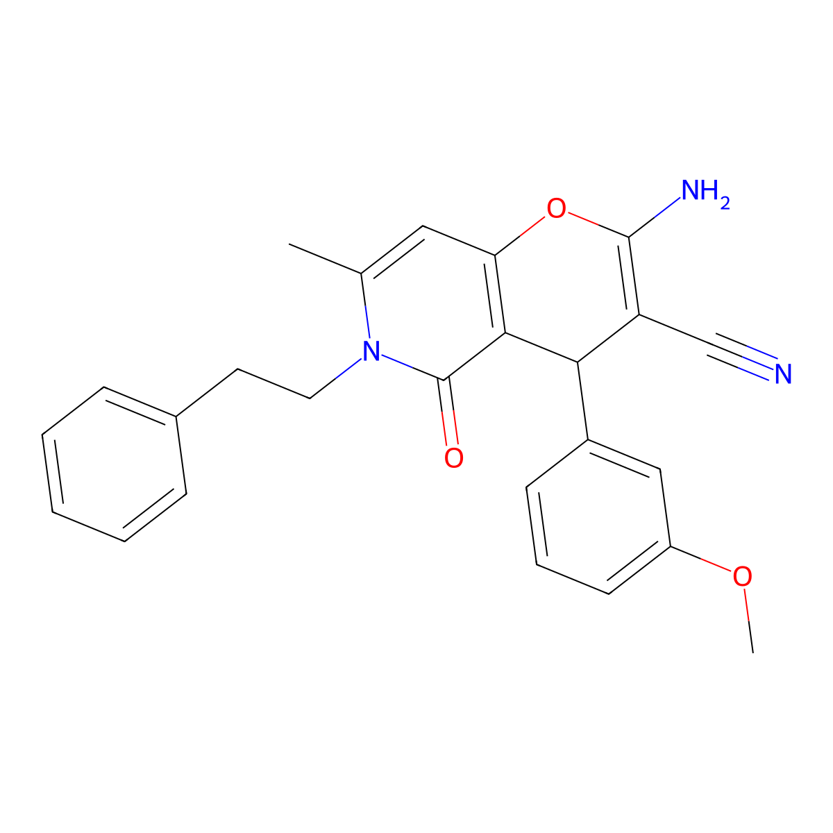 2-amino-4-(3-methoxyphenyl)-7-methyl-5-oxo-6-phenethyl-5,6-dihydro-4H-pyrano[3,2-c]pyridine-3-carbonitrile molecular structure, CAS 612514-33-7