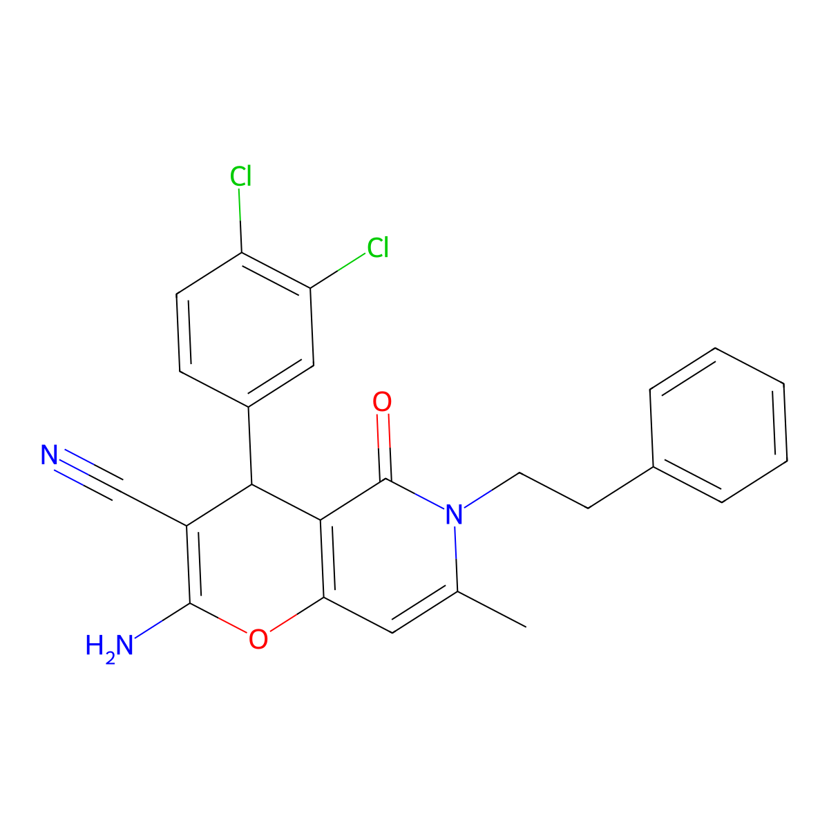 2-amino-4-(3,4-dichlorophenyl)-7-methyl-5-oxo-6-(2-phenylethyl)-5,6-dihydro-4H-pyrano[3,2-c]pyridine-3-carbonitrile molecular structure, CAS 612514-53-1