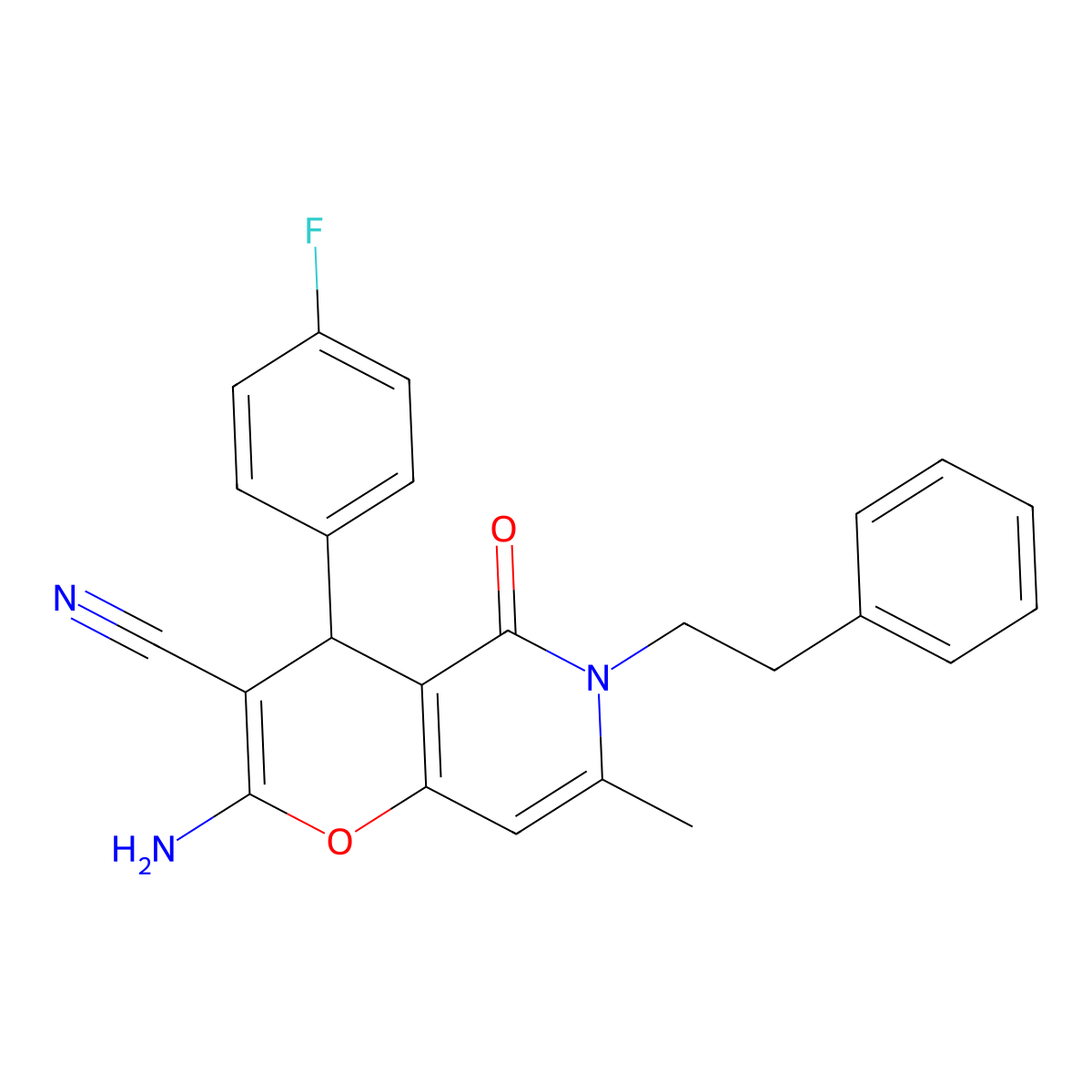 2-amino-4-(4-fluorophenyl)-7-methyl-5-oxo-6-(2-phenylethyl)-4H,5H,6H-pyrano[3,2-c]pyridine-3-carbonitrile molecular structure, CAS 612514-71-3
