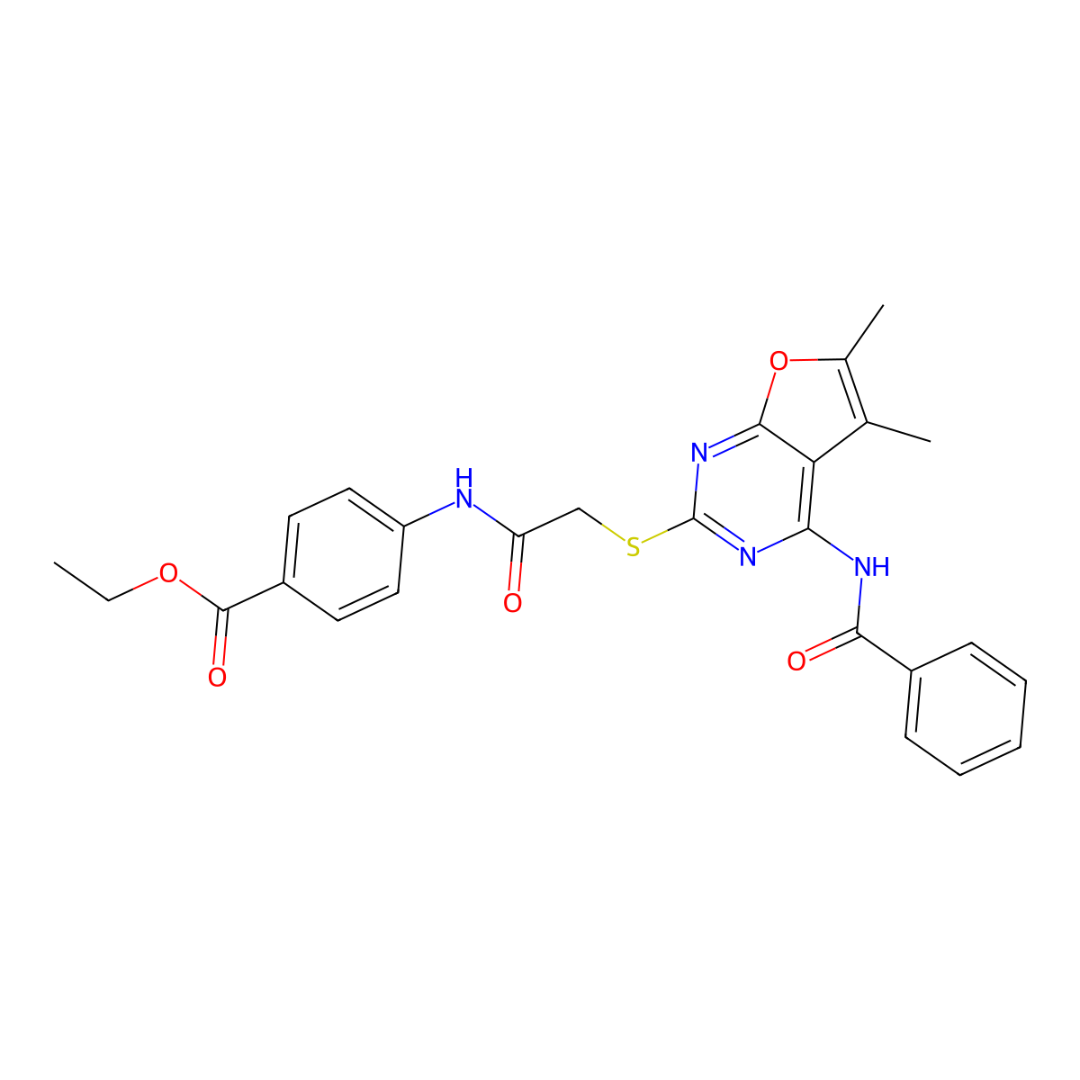 Ethyl 4-(2-((4-benzamido-5,6-dimethylfuro[2,3-d]pyrimidin-2-yl)thio)acetamido)benzoate molecular structure, CAS 612522-57-3