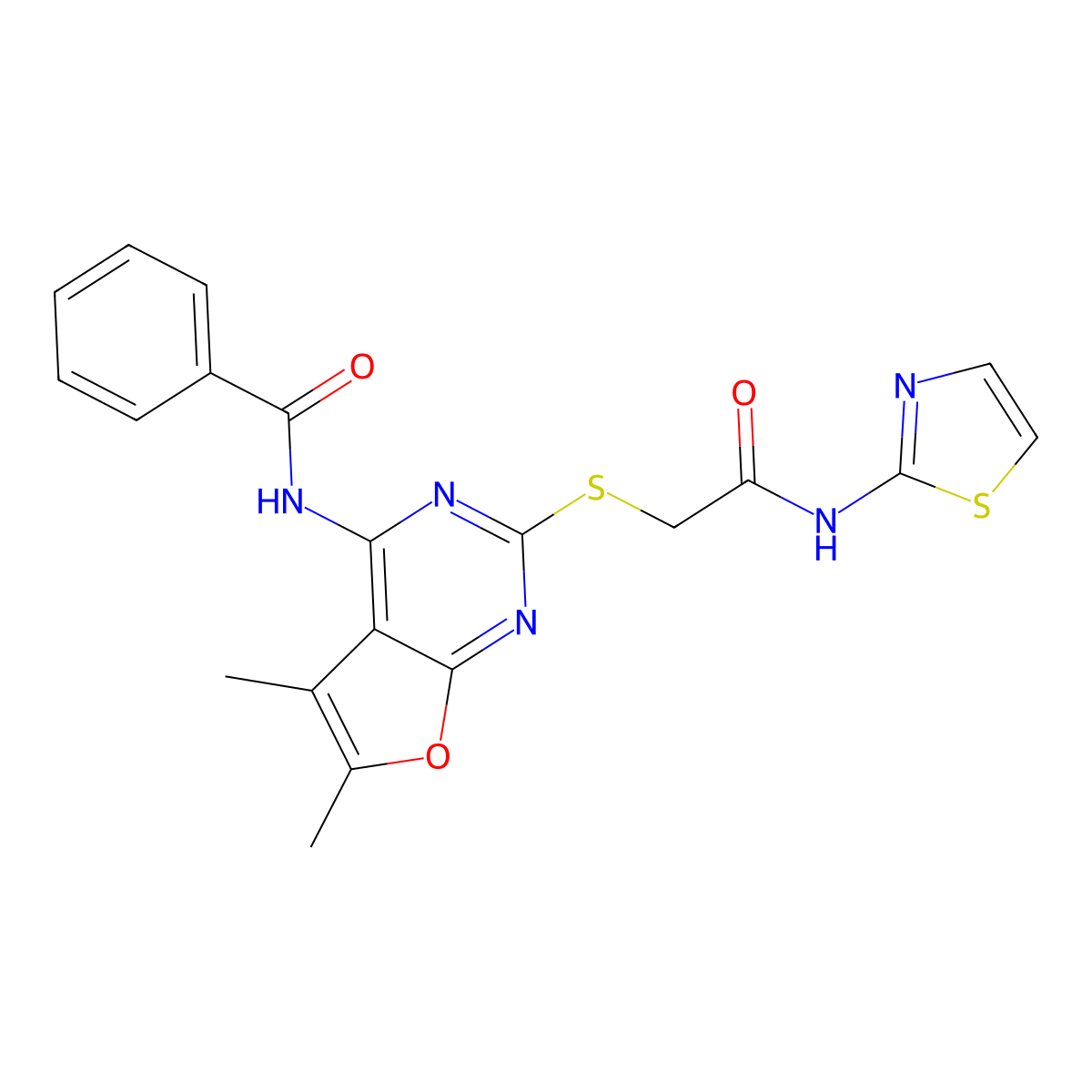 N-(5,6-dimethyl-2-{[2-oxo-2-(1,3-thiazol-2-ylamino)ethyl]sulfanyl}furo[2,3-d]pyrimidin-4-yl)benzamide molecular structure, CAS 612522-58-4