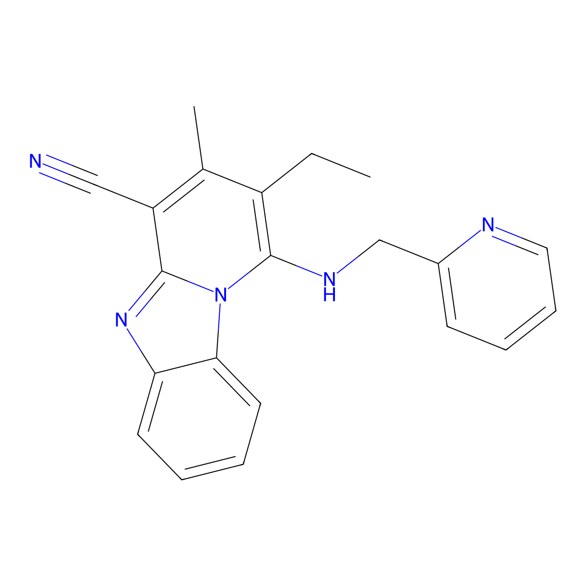 2-Ethyl-3-methyl-1-(pyridin-2-ylmethylamino)pyrido[1,2-a]benzimidazole-4-carbonitrile molecular structure, CAS 612522-69-7