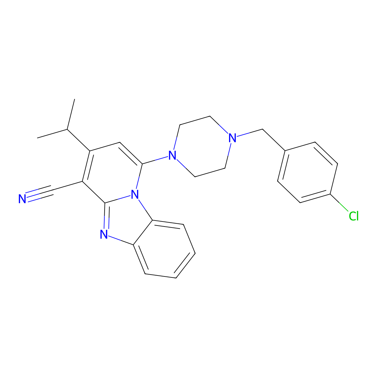 1-[4-[(4-Chlorophenyl)methyl]piperazin-1-yl]-3-propan-2-ylpyrido[1,2-a]benzimidazole-4-carbonitrile molecular structure, CAS 612523-46-3