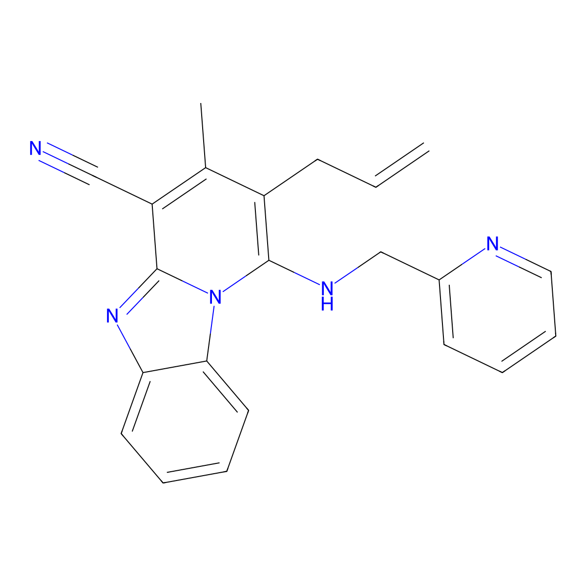 11-Methyl-12-(prop-2-en-1-yl)-13-{[(pyridin-2-yl)methyl]amino}-1,8-diazatricyclo[7.4.0.0^{2,7}]trideca-2(7),3,5,8,10,12-hexaene-10-carbonitrile molecular structure, CAS 612523-67-8