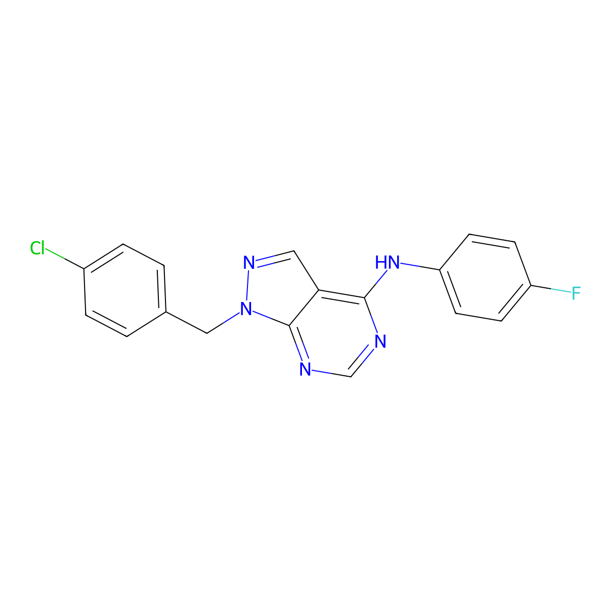 1-(4-chlorobenzyl)-N-(4-fluorophenyl)-1H-pyrazolo[3,4-d]pyrimidin-4-amine molecular structure, CAS 612523-84-9