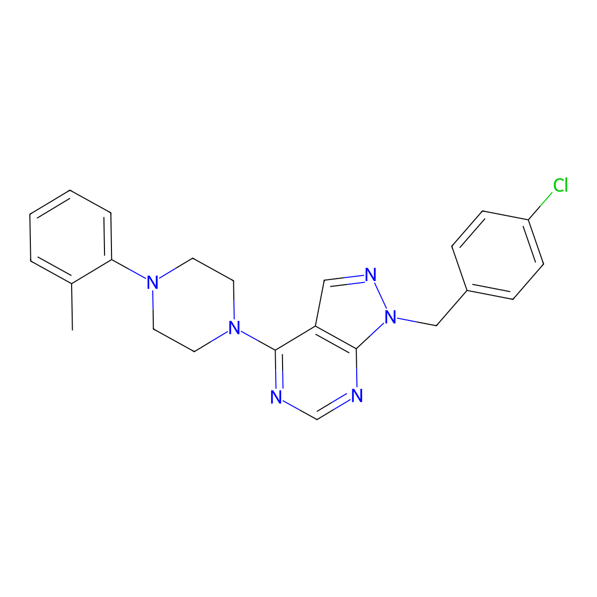 1-[(4-Chlorophenyl)methyl]-4-[4-(2-methylphenyl)-1-piperazinyl]pyrazolo[3,4-d]pyrimidine molecular structure, CAS 612523-85-0