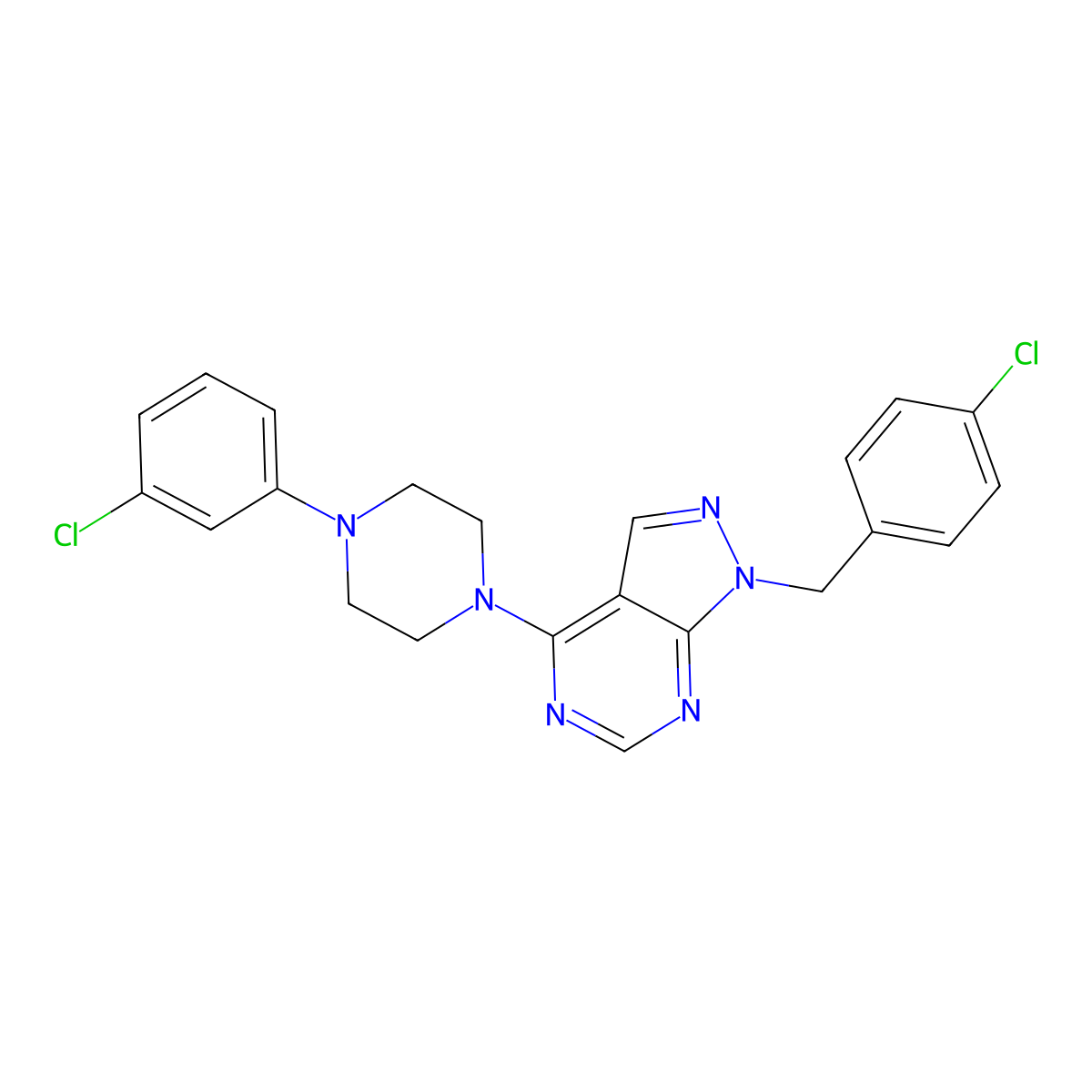 1-[(4-Chlorophenyl)methyl]-4-[4-(3-chlorophenyl)piperazin-1-yl]pyrazolo[3,4-d]pyrimidine molecular structure, CAS 612523-87-2