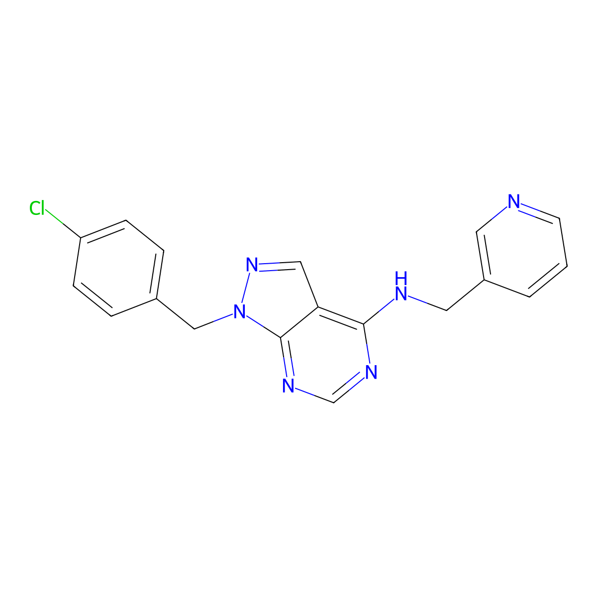 1-[(4-chlorophenyl)methyl]-N-(pyridin-3-ylmethyl)pyrazolo[3,4-d]pyrimidin-4-amine molecular structure, CAS 612523-88-3