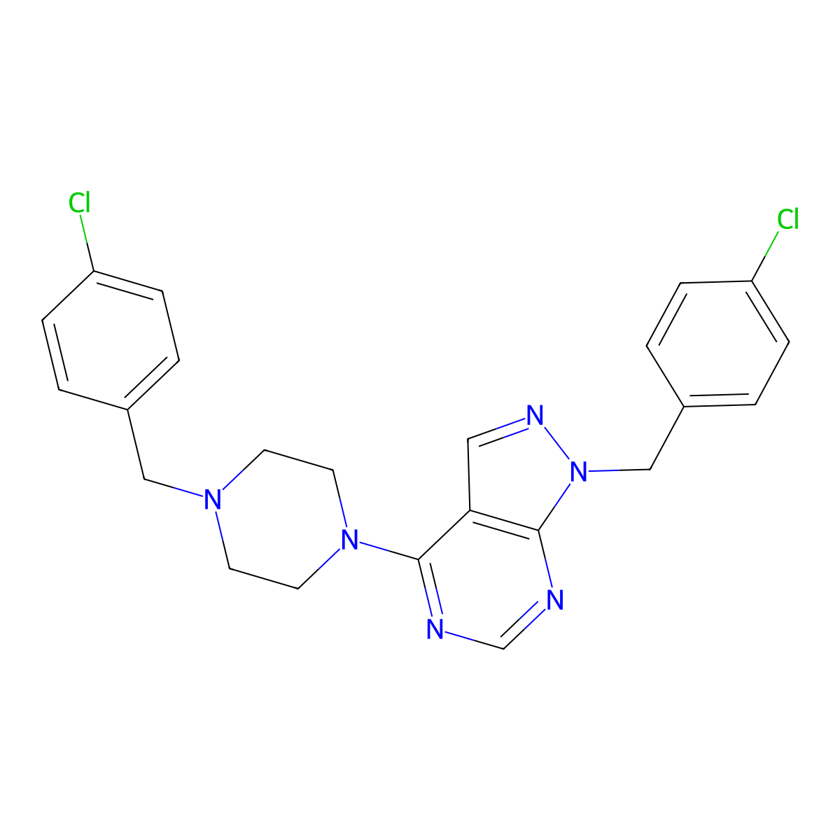 1-(4-chlorobenzyl)-4-(4-(4-chlorobenzyl)piperazin-1-yl)-1H-pyrazolo[3,4-d]pyrimidine molecular structure, CAS 612523-90-7