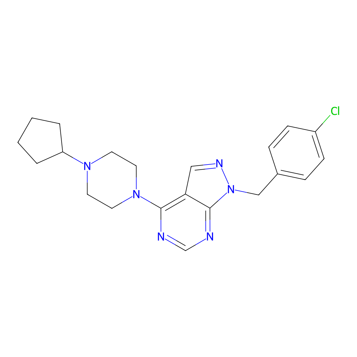 1-(4-chlorobenzyl)-4-(4-cyclopentylpiperazin-1-yl)-1H-pyrazolo[3,4-d]pyrimidine molecular structure, CAS 612523-92-9