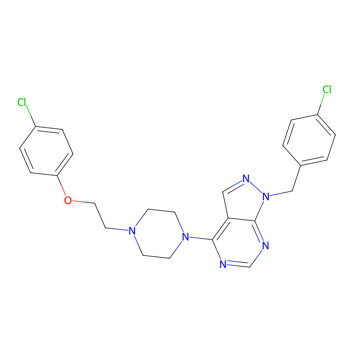 1-(4-chlorobenzyl)-4-(4-(2-(4-chlorophenoxy)ethyl)piperazin-1-yl)-1H-pyrazolo[3,4-d]pyrimidine molecular structure, CAS 612523-94-1
