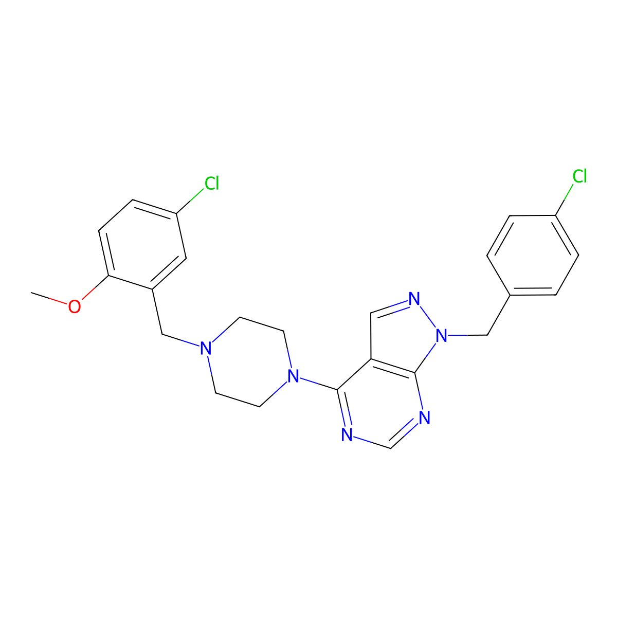 1-(4-chlorobenzyl)-4-[4-(5-chloro-2-methoxybenzyl)piperazin-1-yl]-1H-pyrazolo[3,4-d]pyrimidine molecular structure, CAS 612523-95-2