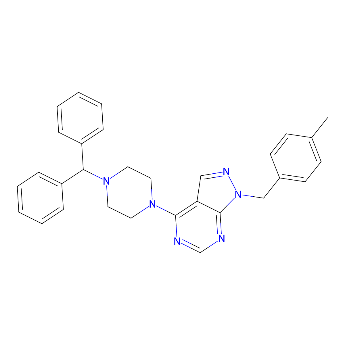4-[4-(diphenylmethyl)piperazin-1-yl]-1-(4-methylbenzyl)-1H-pyrazolo[3,4-d]pyrimidine molecular structure, CAS 612524-02-4