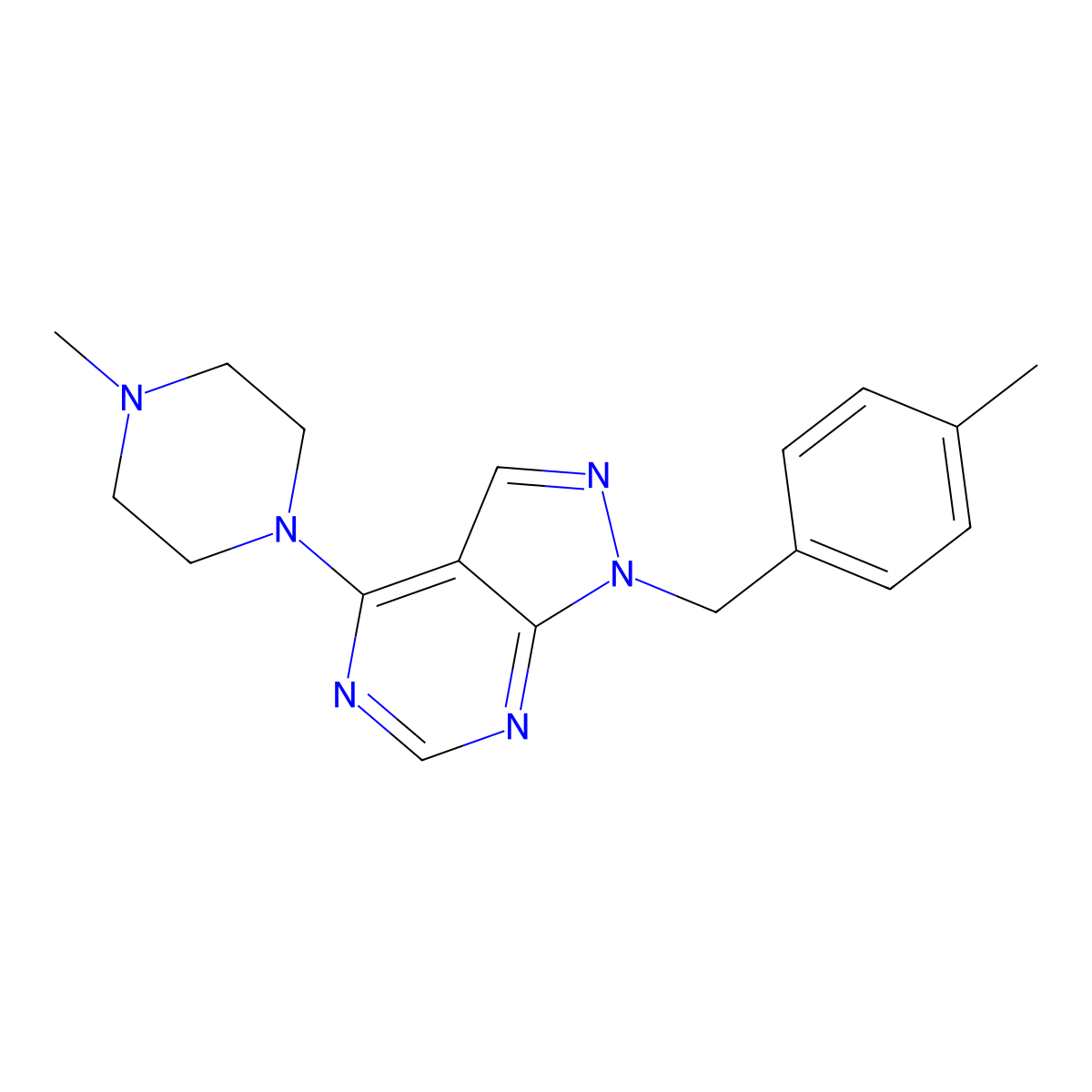 1-[(4-Methylphenyl)methyl]-4-(4-methylpiperazin-1-yl)pyrazolo[3,4-d]pyrimidine molecular structure, CAS 612524-03-5
