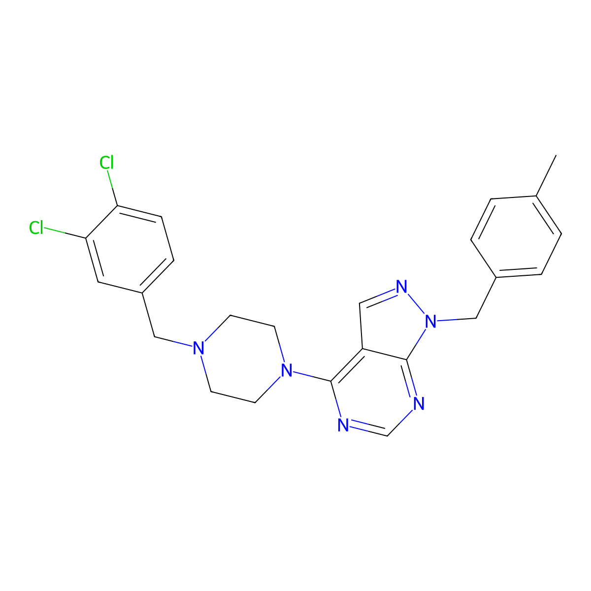 4-(4-(3,4-dichlorobenzyl)piperazin-1-yl)-1-(4-methylbenzyl)-1H-pyrazolo[3,4-d]pyrimidine molecular structure, CAS 612524-12-6