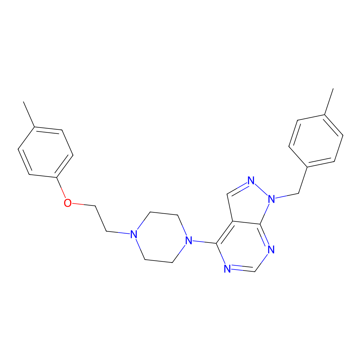 1-(4-methylbenzyl)-4-{4-[2-(4-methylphenoxy)ethyl]piperazin-1-yl}-1H-pyrazolo[3,4-d]pyrimidine molecular structure, CAS 612524-14-8