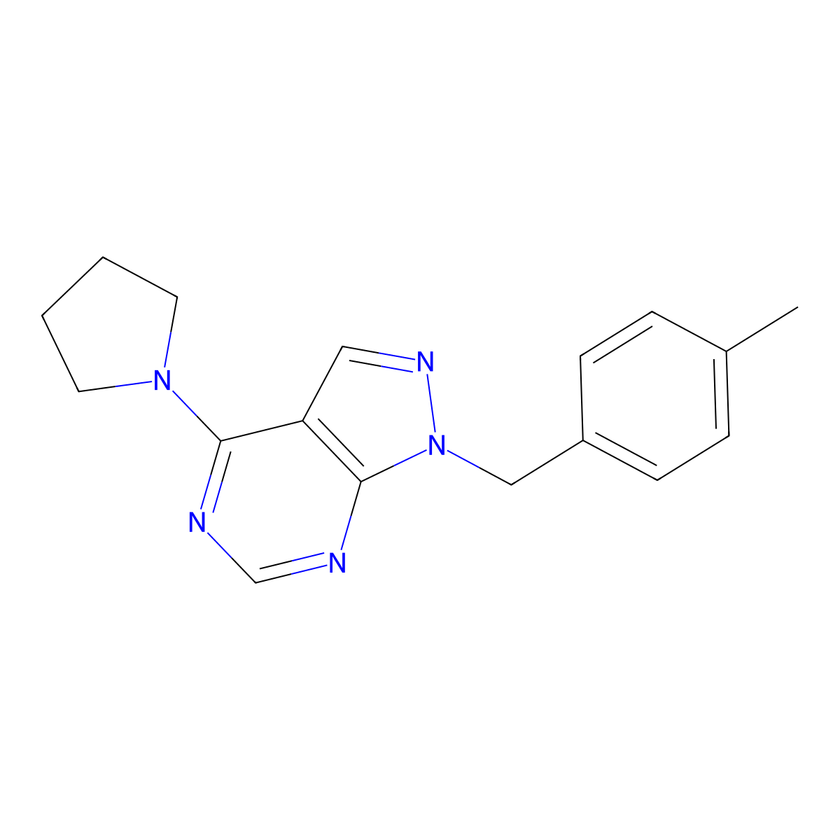 1-[(4-Methylphenyl)methyl]-4-(1-pyrrolidinyl)pyrazolo[3,4-d]pyrimidine molecular structure, CAS 612524-17-1