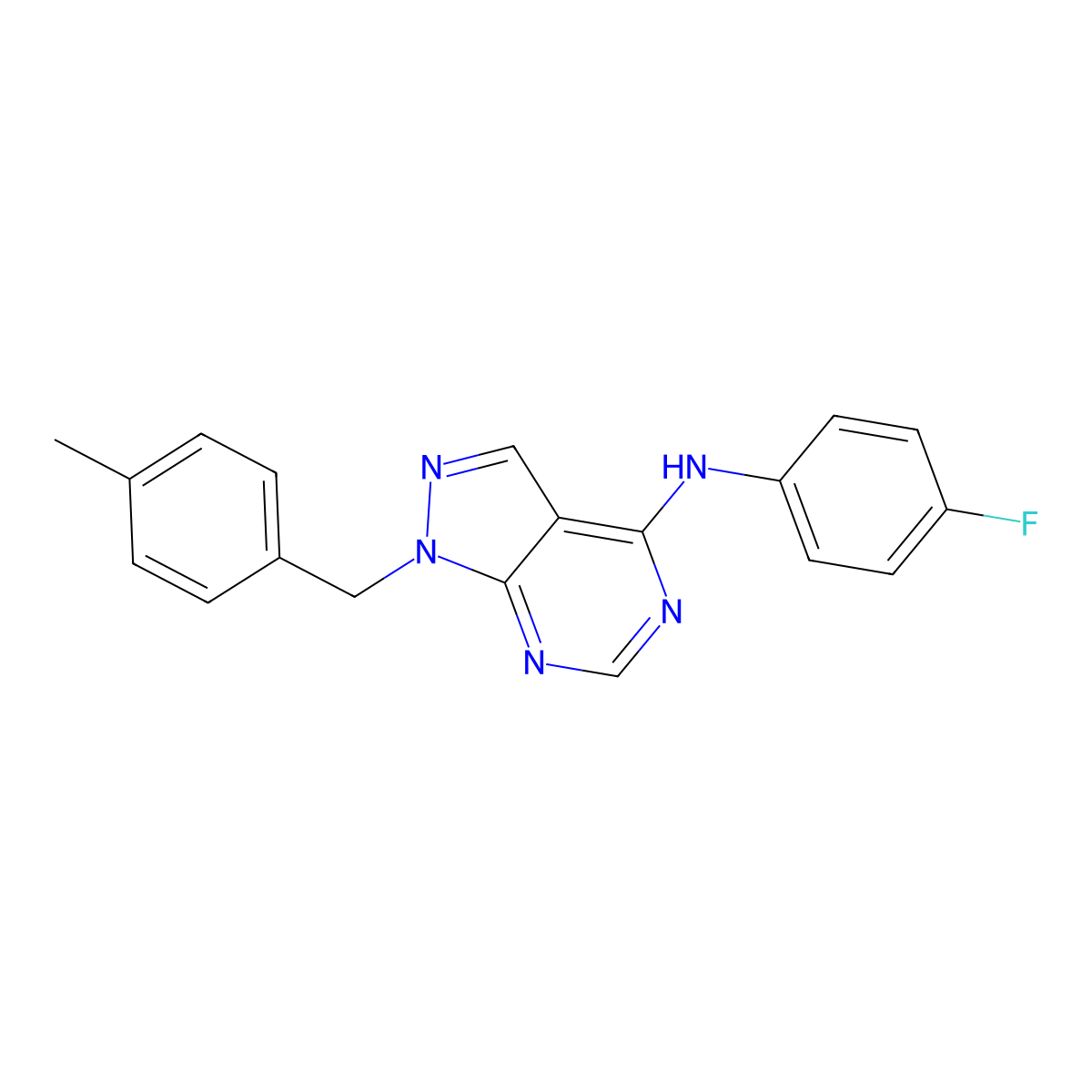 N-(4-fluorophenyl)-1-(4-methylbenzyl)-1H-pyrazolo[3,4-d]pyrimidin-4-amine molecular structure, CAS 612524-18-2