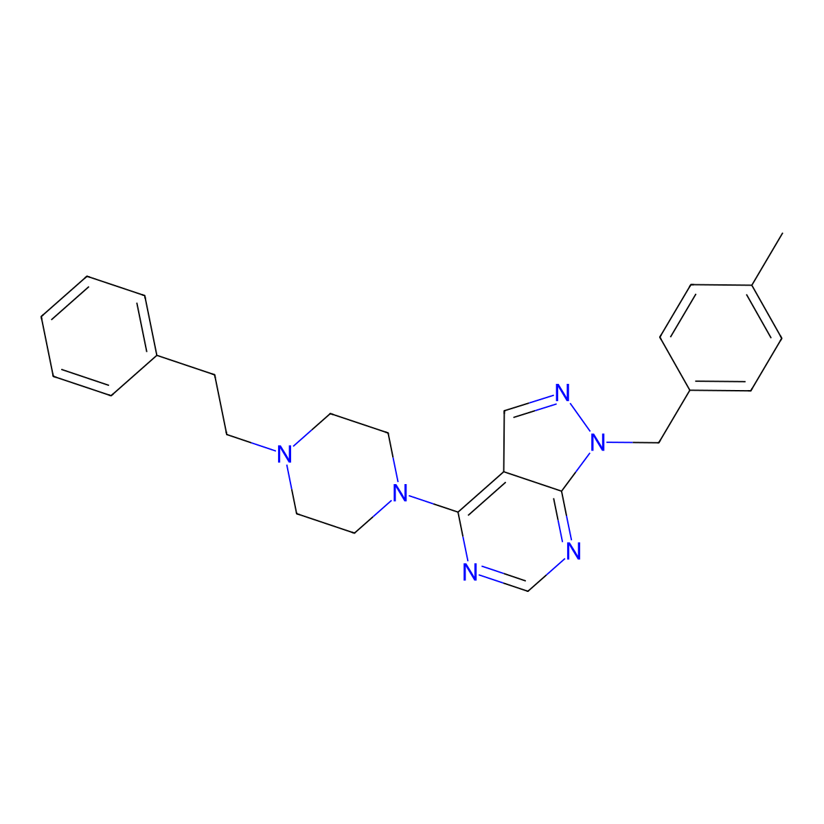 1-(4-Methyl-benzyl)-4-(4-phenethyl-piperazin-1-yl)-1H-pyrazolo[3,4-d]pyrimidine molecular structure, CAS 612524-22-8