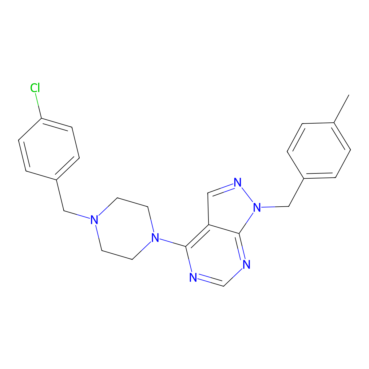 4-(4-(4-chlorobenzyl)piperazin-1-yl)-1-(4-methylbenzyl)-1H-pyrazolo[3,4-d]pyrimidine molecular structure, CAS 612524-23-9