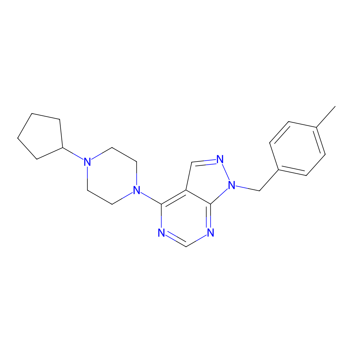 4-(4-cyclopentylpiperazin-1-yl)-1-(4-methylbenzyl)-1H-pyrazolo[3,4-d]pyrimidine molecular structure, CAS 612524-25-1