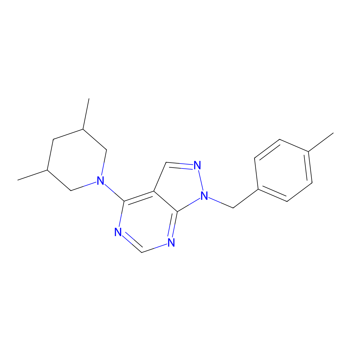 4-(3,5-dimethylpiperidin-1-yl)-1-(4-methylbenzyl)-1H-pyrazolo[3,4-d]pyrimidine molecular structure, CAS 612524-26-2