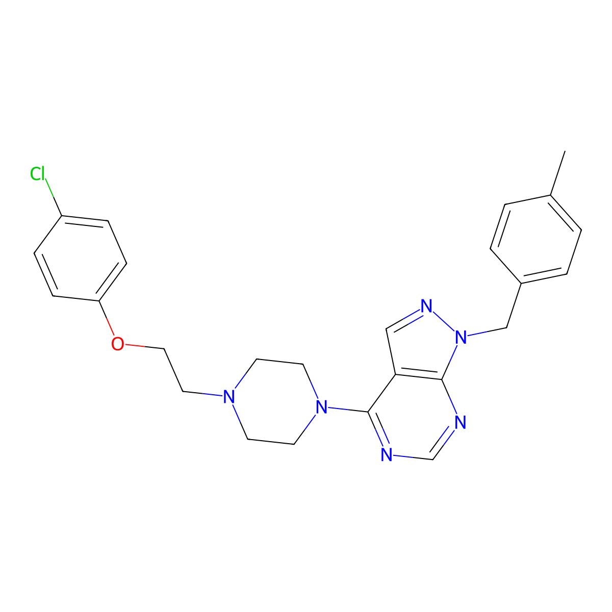 4-(4-(2-(4-chlorophenoxy)ethyl)piperazin-1-yl)-1-(4-methylbenzyl)-1H-pyrazolo[3,4-d]pyrimidine molecular structure, CAS 612524-27-3