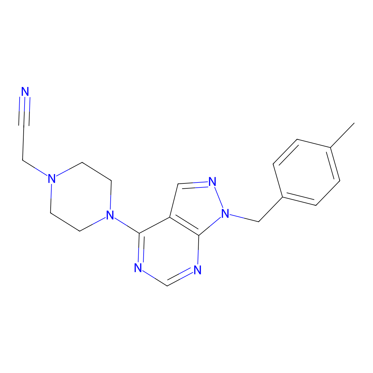 2-[4-[1-[(4-Methylphenyl)methyl]pyrazolo[3,4-d]pyrimidin-4-yl]piperazin-1-yl]acetonitrile molecular structure, CAS 612524-29-5