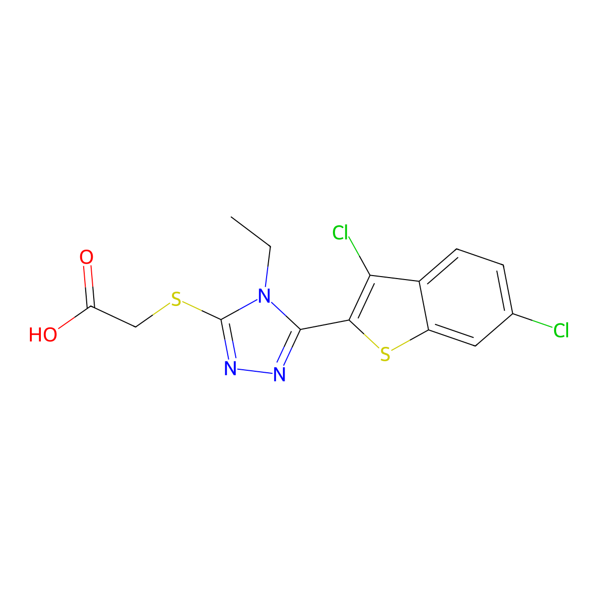 2-((5-(3,6-dichlorobenzo[b]thiophen-2-yl)-4-ethyl-4H-1,2,4-triazol-3-yl)thio)acetic acid molecular structure, CAS 612525-18-5