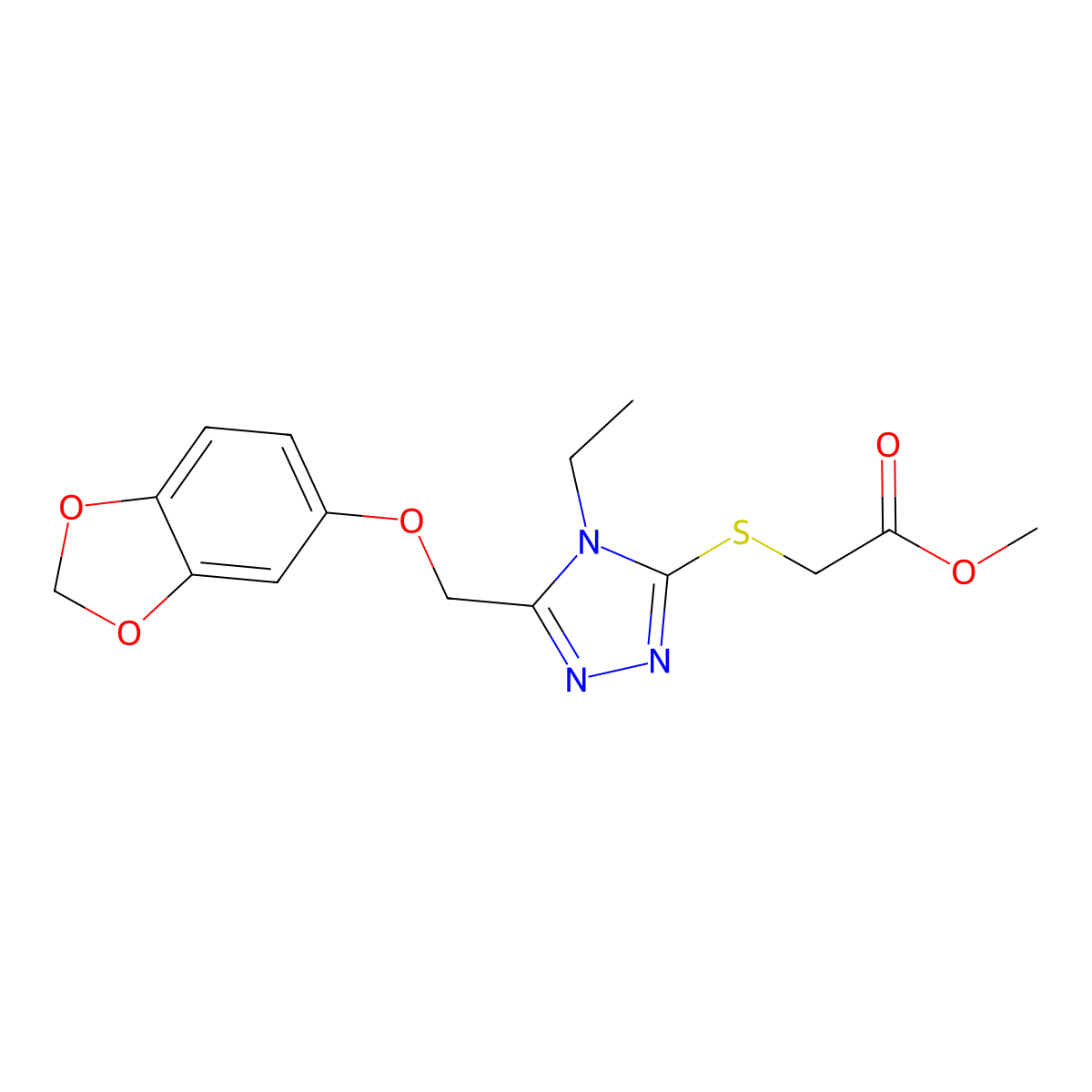 methyl ({5-[(1,3-benzodioxol-5-yloxy)methyl]-4-ethyl-4H-1,2,4-triazol-3-yl}sulfanyl)acetate molecular structure, CAS 612525-60-7