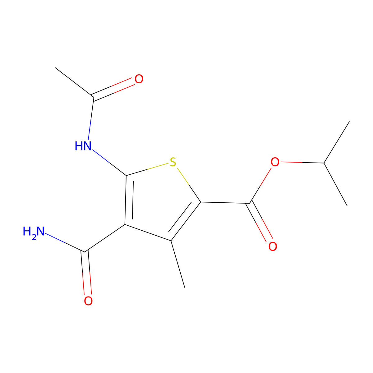 Propan-2-yl 5-acetamido-4-carbamoyl-3-methylthiophene-2-carboxylate molecular structure, CAS 6126-08-5