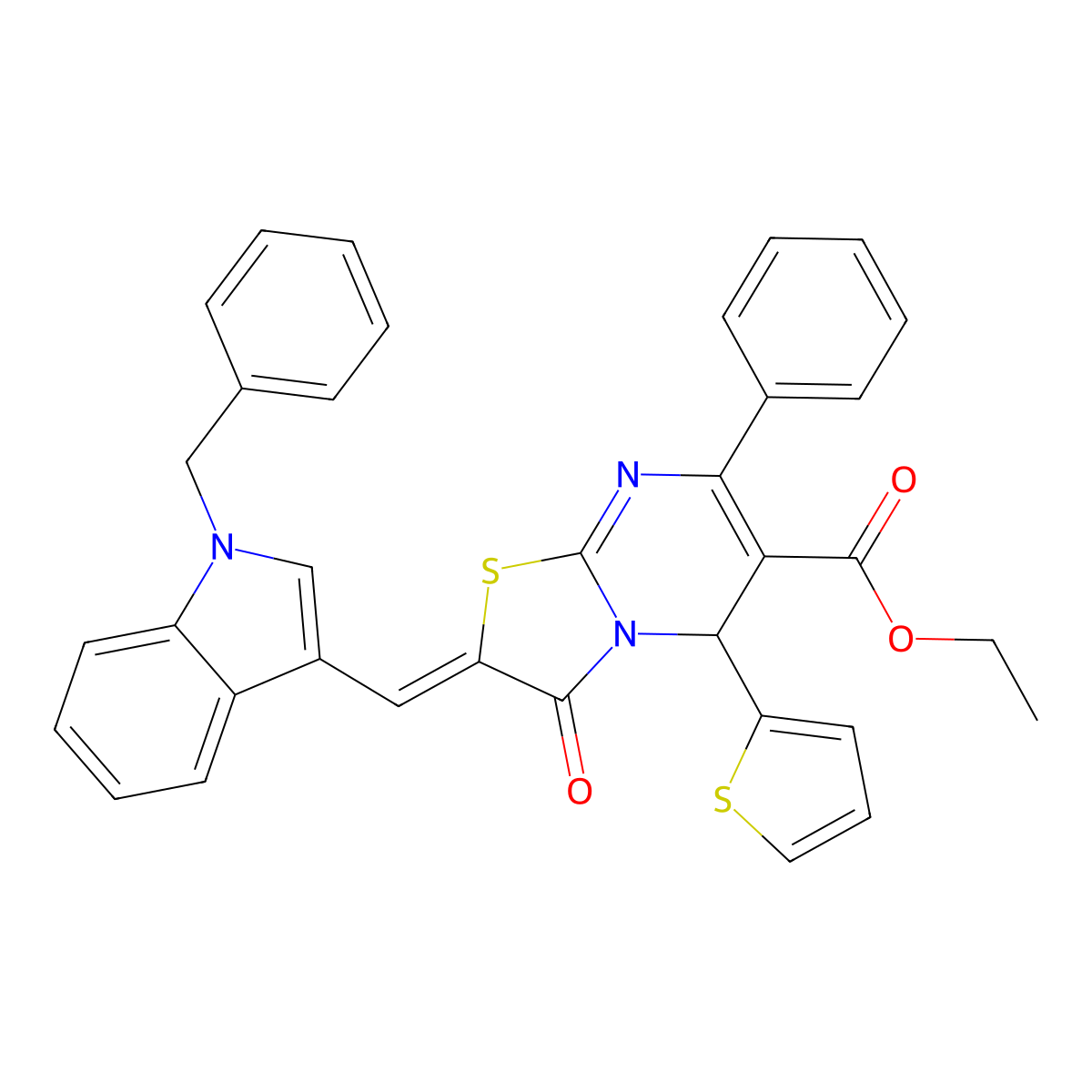 Ethyl 2-[(1-benzyl-1H-indol-3-yl)methylidene]-3-oxo-7-phenyl-5-(thiophen-2-yl)-2,3-dihydro-5H-[1,3]thiazolo[3,2-a]pyrimidine-6-carboxylate molecular structure, CAS 6126-43-8