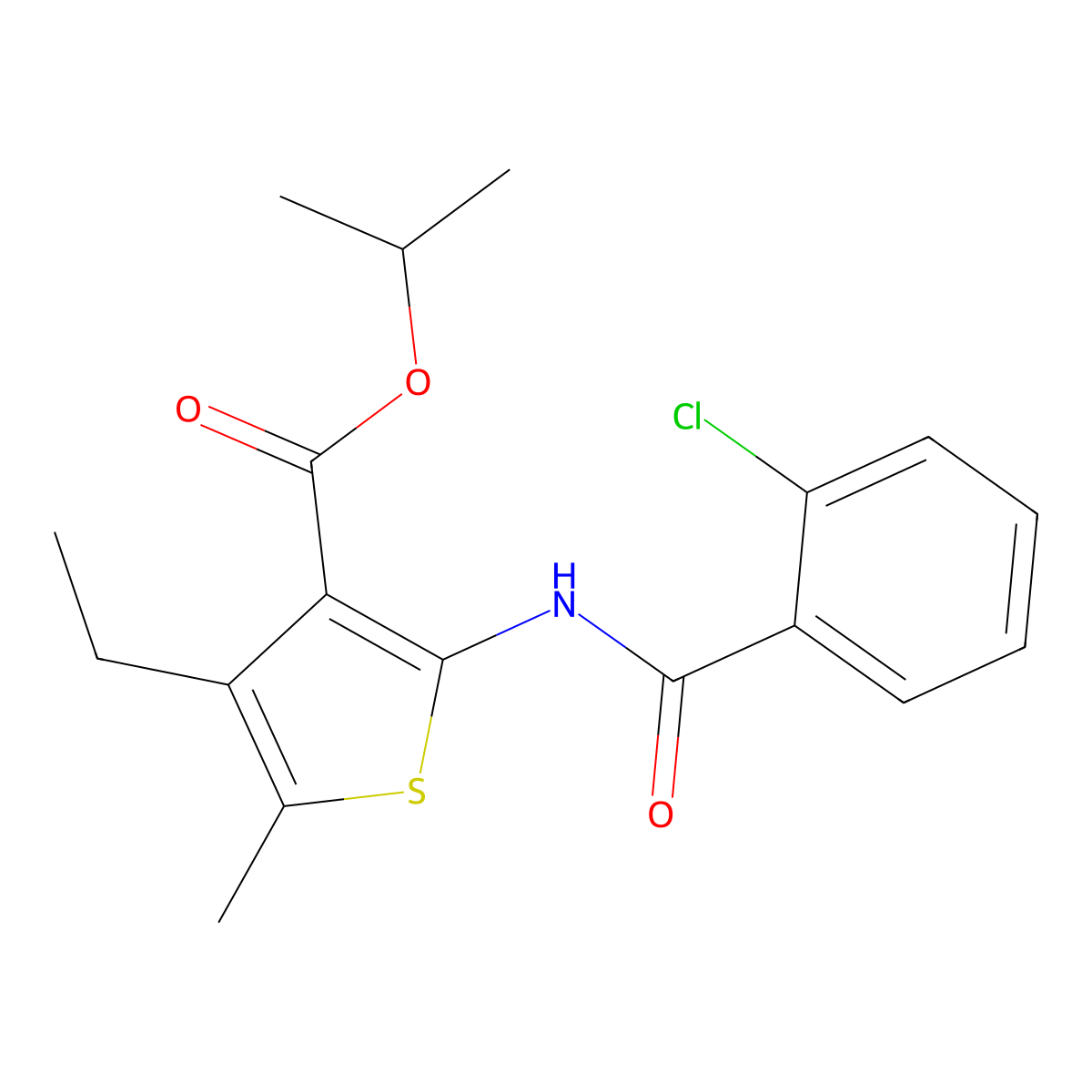 Propan-2-yl 2-(2-chlorobenzamido)-4-ethyl-5-methylthiophene-3-carboxylate molecular structure, CAS 6126-51-8