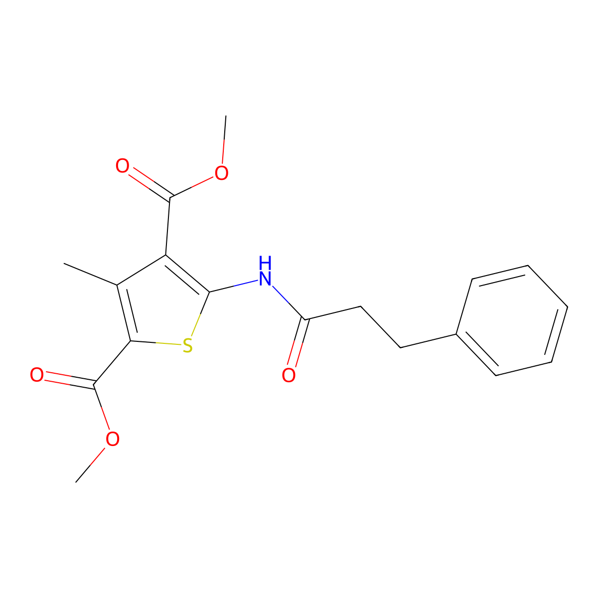 Dimethyl 3-methyl-5-(3-phenylpropanoylamino)thiophene-2,4-dicarboxylate molecular structure, CAS 6128-31-0