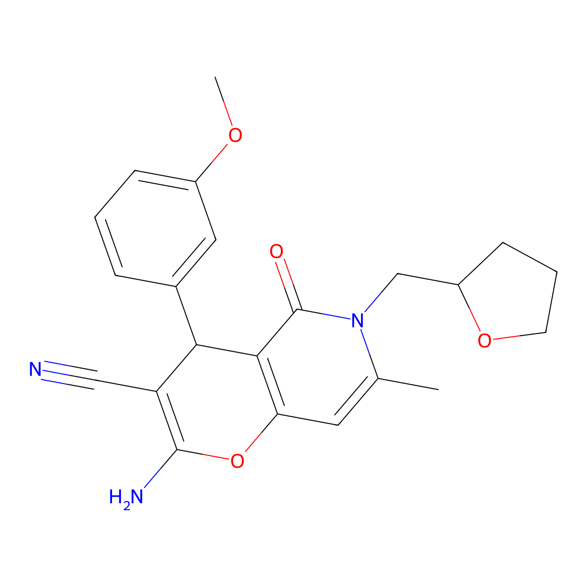 2-amino-4-(3-methoxyphenyl)-7-methyl-5-oxo-6-(oxolan-2-ylmethyl)-4H-pyrano[3,2-c]pyridine-3-carbonitrile molecular structure, CAS 612802-28-5