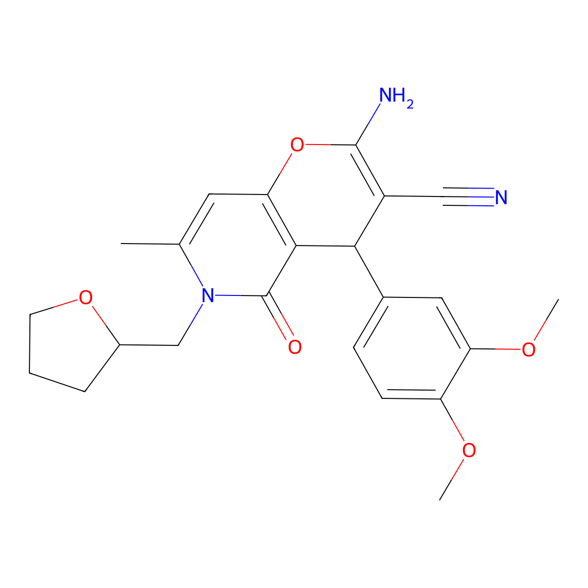 2-amino-4-(3,4-dimethoxyphenyl)-7-methyl-5-oxo-6-((tetrahydrofuran-2-yl)methyl)-5,6-dihydro-4H-pyrano[3,2-c]pyridine-3-carbonitrile molecular structure, CAS 612802-29-6