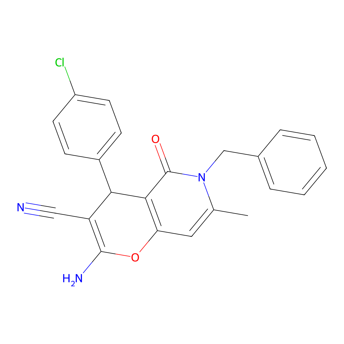 2-amino-6-benzyl-4-(4-chlorophenyl)-7-methyl-5-oxo-5,6-dihydro-4H-pyrano[3,2-c]pyridine-3-carbonitrile molecular structure, CAS 612802-39-8