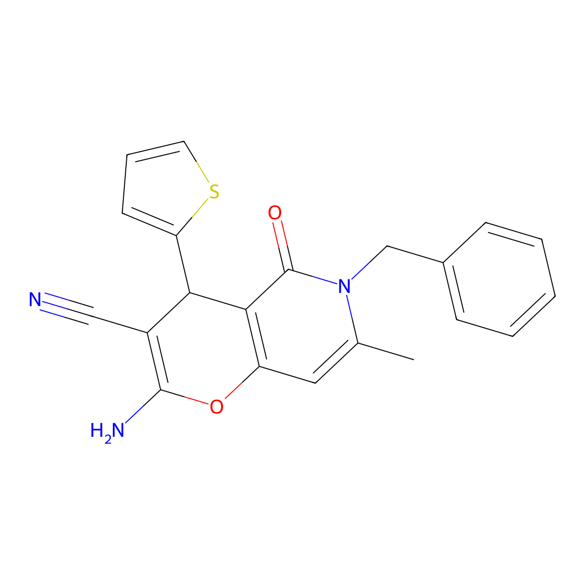 2-amino-6-benzyl-7-methyl-5-oxo-4-(thiophen-2-yl)-5,6-dihydro-4H-pyrano[3,2-c]pyridine-3-carbonitrile molecular structure, CAS 612802-40-1