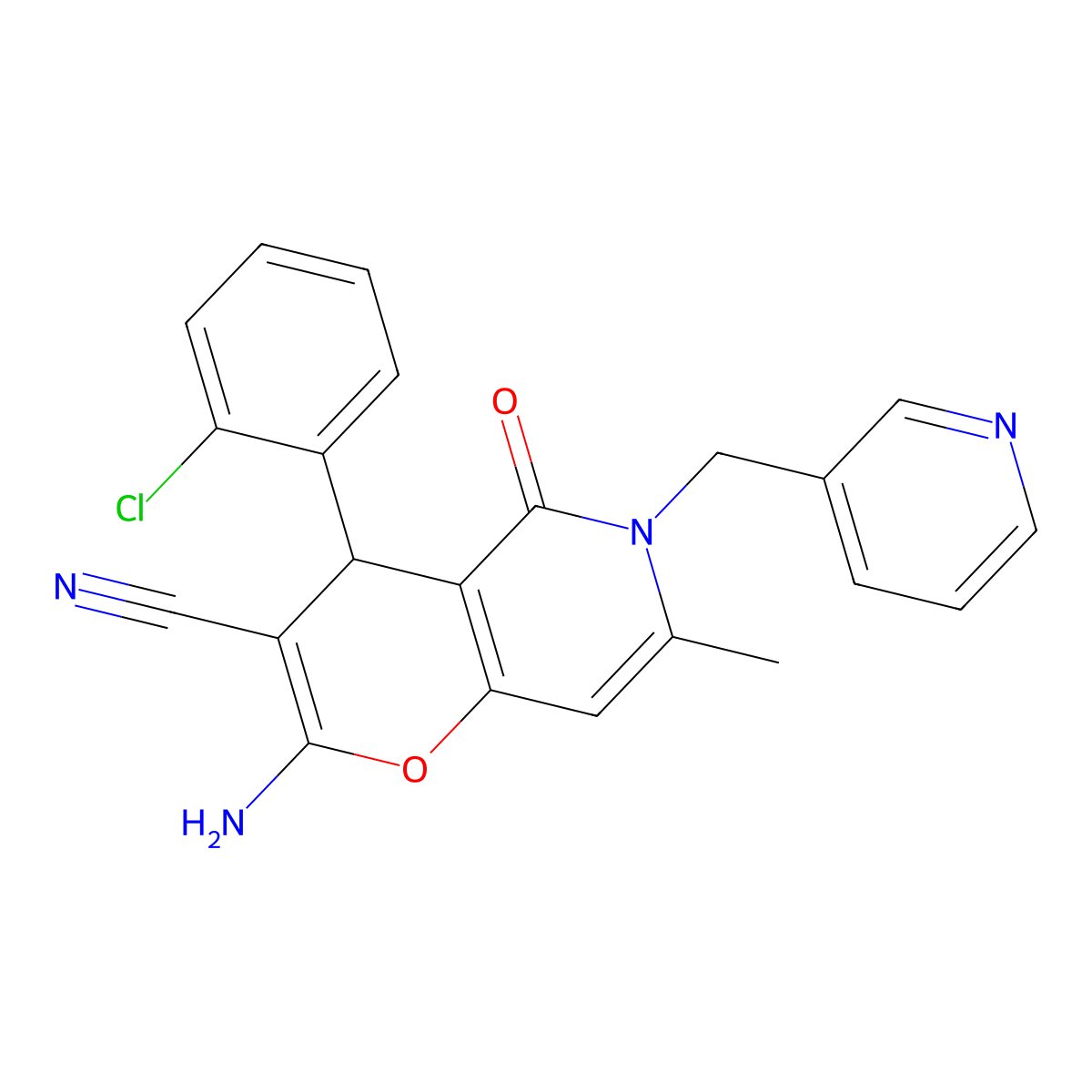 2-amino-4-(2-chlorophenyl)-7-methyl-5-oxo-6-(pyridin-3-ylmethyl)-5,6-dihydro-4H-pyrano[3,2-c]pyridine-3-carbonitrile molecular structure, CAS 612802-41-2
