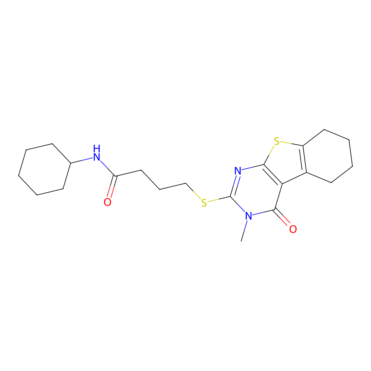 N-cyclohexyl-4-[(3-methyl-4-oxo-5,6,7,8-tetrahydro-[1]benzothiolo[2,3-d]pyrimidin-2-yl)sulfanyl]butanamide molecular structure, CAS 612802-49-0