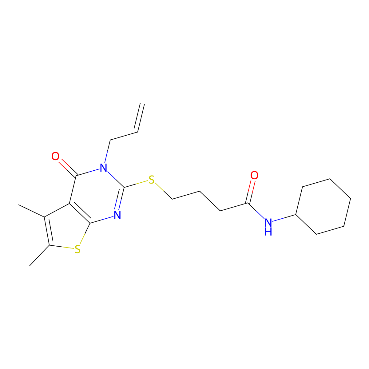 N-cyclohexyl-4-(5,6-dimethyl-4-oxo-3-prop-2-enylthieno[2,3-d]pyrimidin-2-yl)sulfanylbutanamide molecular structure, CAS 612802-50-3