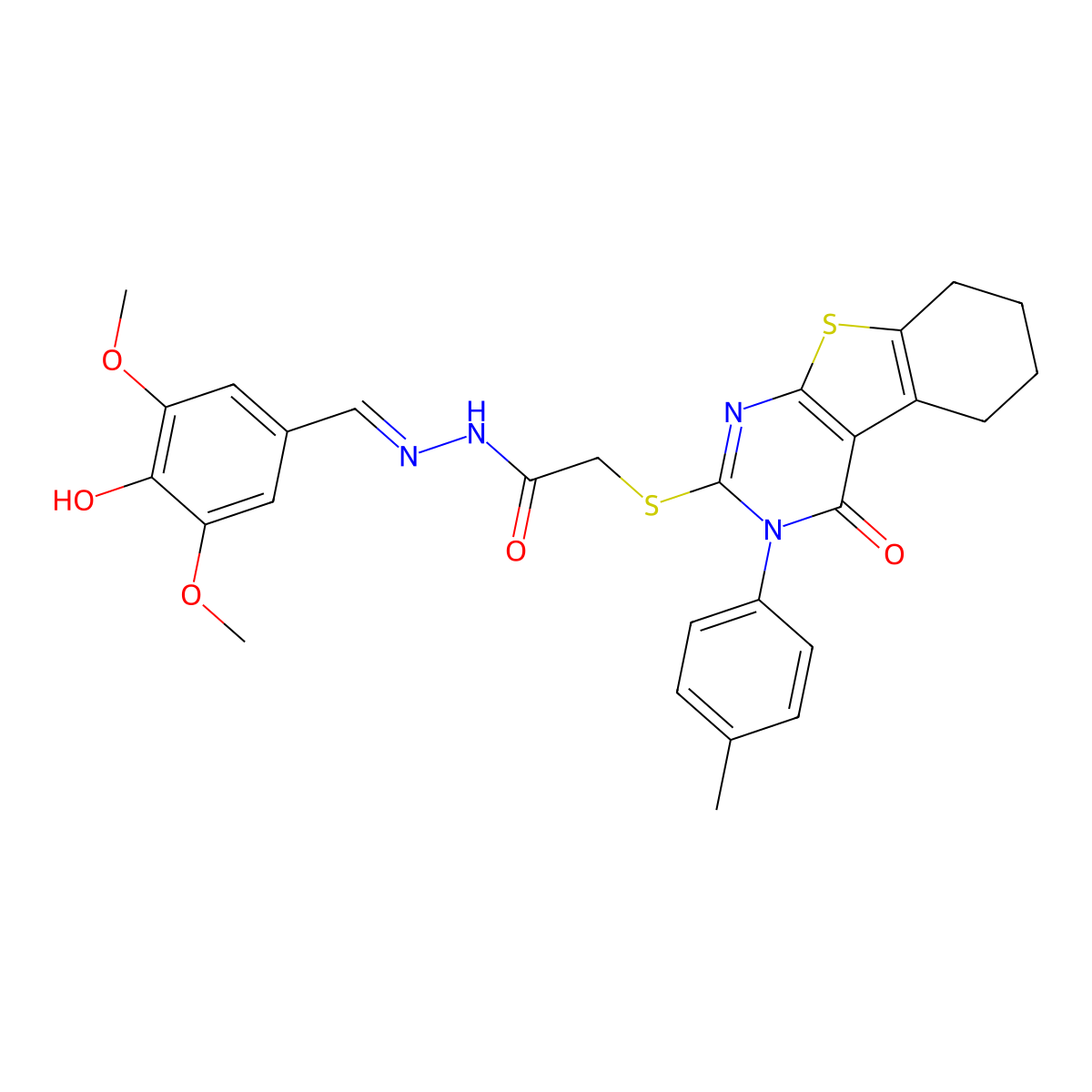 2-[[3,4,5,6,7,8-Hexahydro-3-(4-methylphenyl)-4-oxo[1]benzothieno[2,3-d]pyrimidin-2-yl]thio]acetic acid 2-[(4-hydroxy-3,5-dimethoxyphenyl)methylene]hydrazide molecular structure, CAS 612825-70-4
