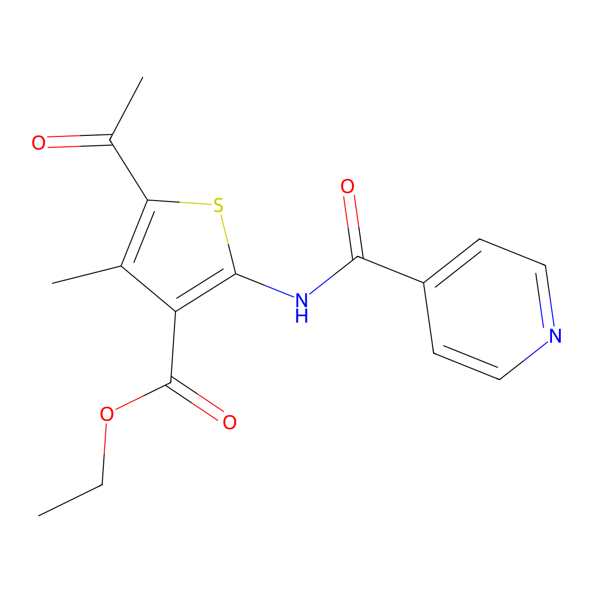 Ethyl 5-acetyl-4-methyl-2-(4-pyridylcarbonylamino)thiophene-3-carboxylate molecular structure, CAS 6129-40-4