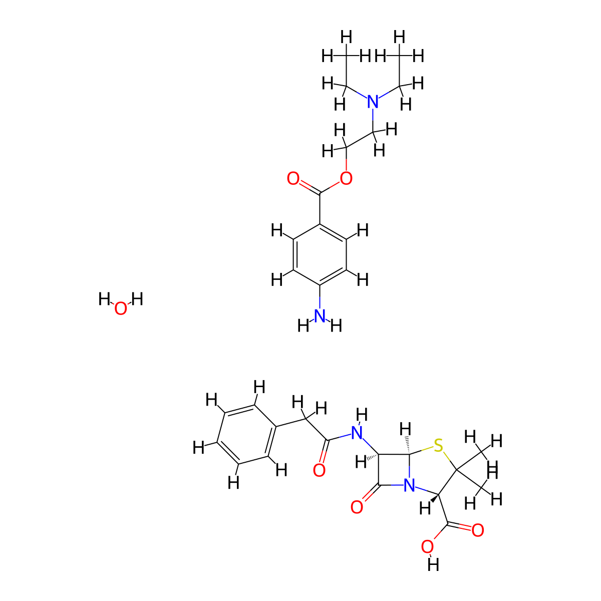 4-Thia-1-azabicyclo(3.2.0)heptane-2-carboxylic acid, 3,3-dimethyl-7-oxo-6-((phenylacetyl)amino)-(2S,5R,6R)-, compd. with 2-(diethylamino)ethyl 4-aminobenzoate, hydrate (1:1:1) molecular structure, CAS 6130-64-9