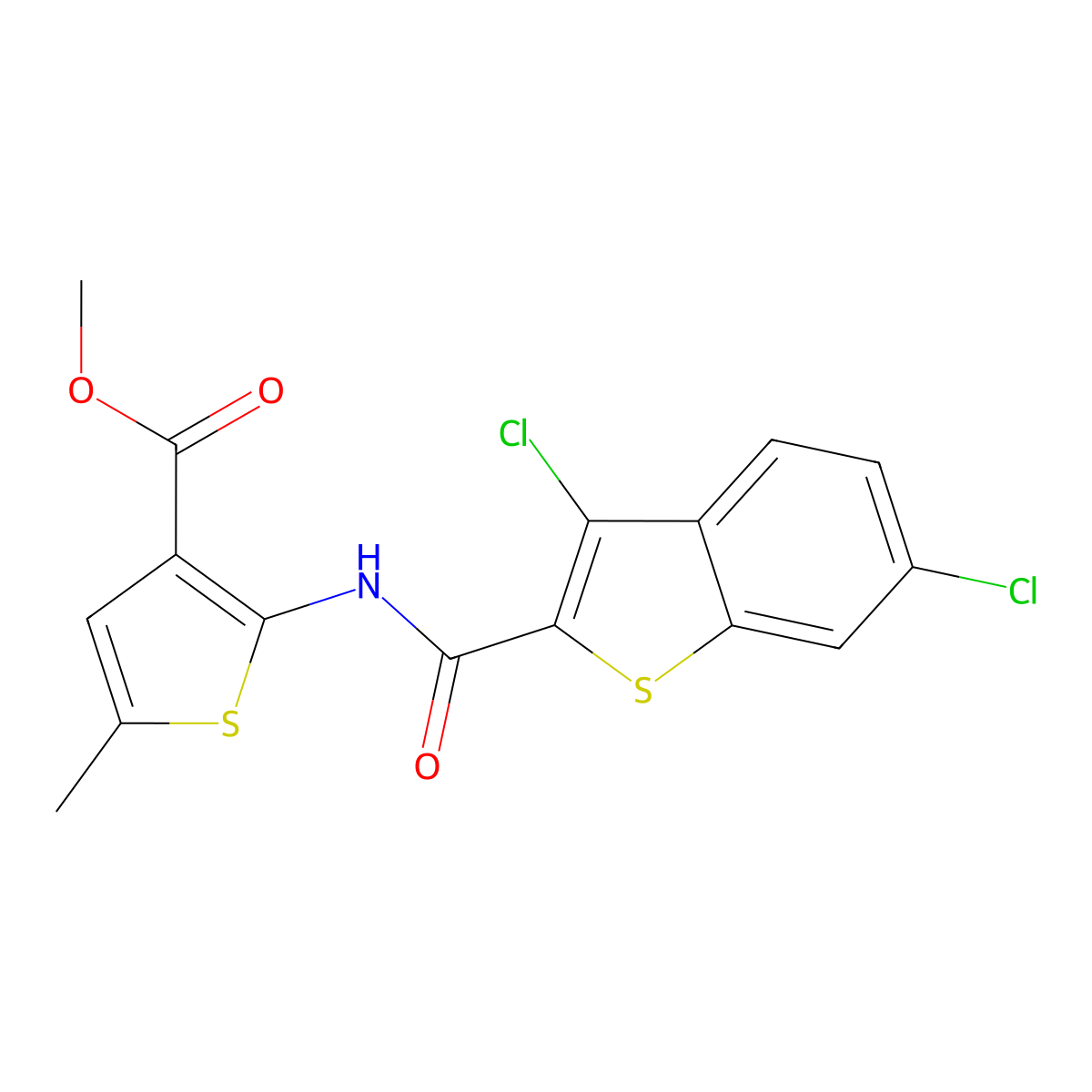 Methyl 2-[(3,6-dichloro-1-benzothiophene-2-carbonyl)amino]-5-methylthiophene-3-carboxylate molecular structure, CAS 6131-30-2
