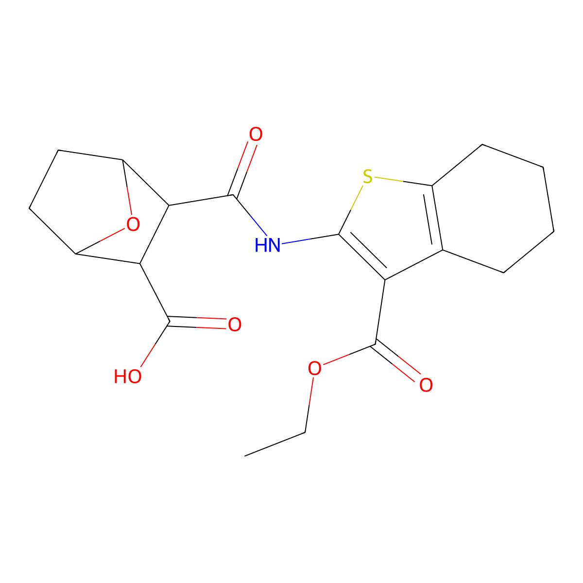 3-{[3-(Ethoxycarbonyl)-4,5,6,7-tetrahydro-1-benzothiophen-2-yl]carbamoyl}-7-oxabicyclo[2.2.1]heptane-2-carboxylic acid molecular structure, CAS 6131-37-9