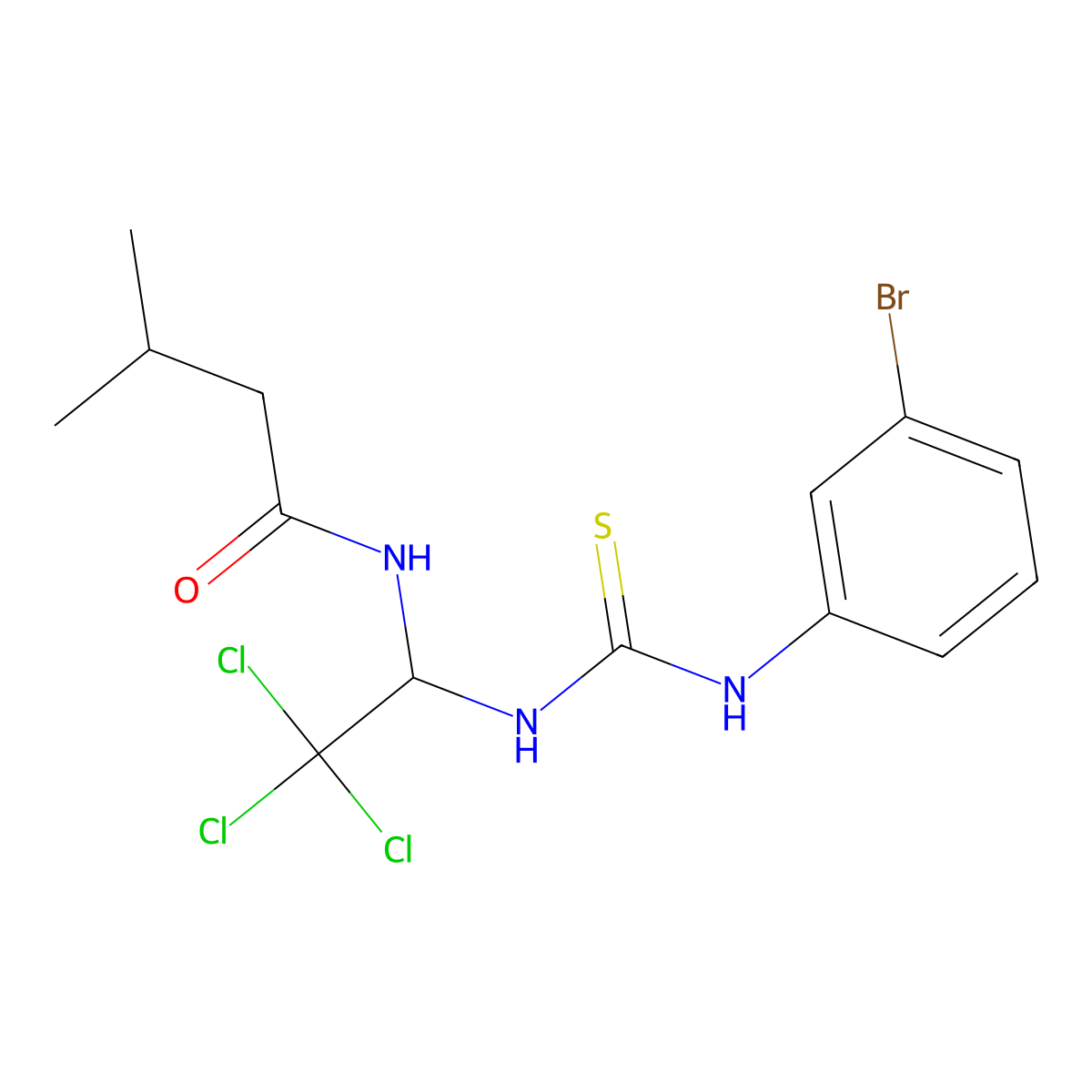 N-(1-{[(3-Bromophenyl)carbamothioyl]amino}-2,2,2-trichloroethyl)-3-methylbutanamide molecular structure, CAS 6131-71-1