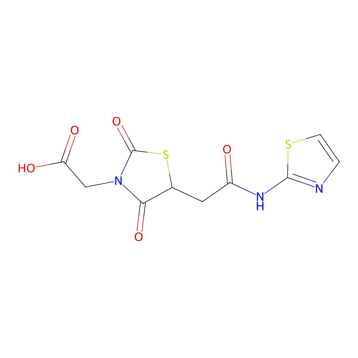 {2,4-Dioxo-5-[2-oxo-2-(1,3-thiazol-2-ylamino)ethyl]-1,3-thiazolidin-3-yl}acetic acid molecular structure, CAS 613218-73-8